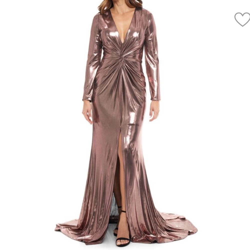 Rene Ruiz Metallic Rose Gold Long Sleeve Gown- Plunging Twist Front Slit Formal